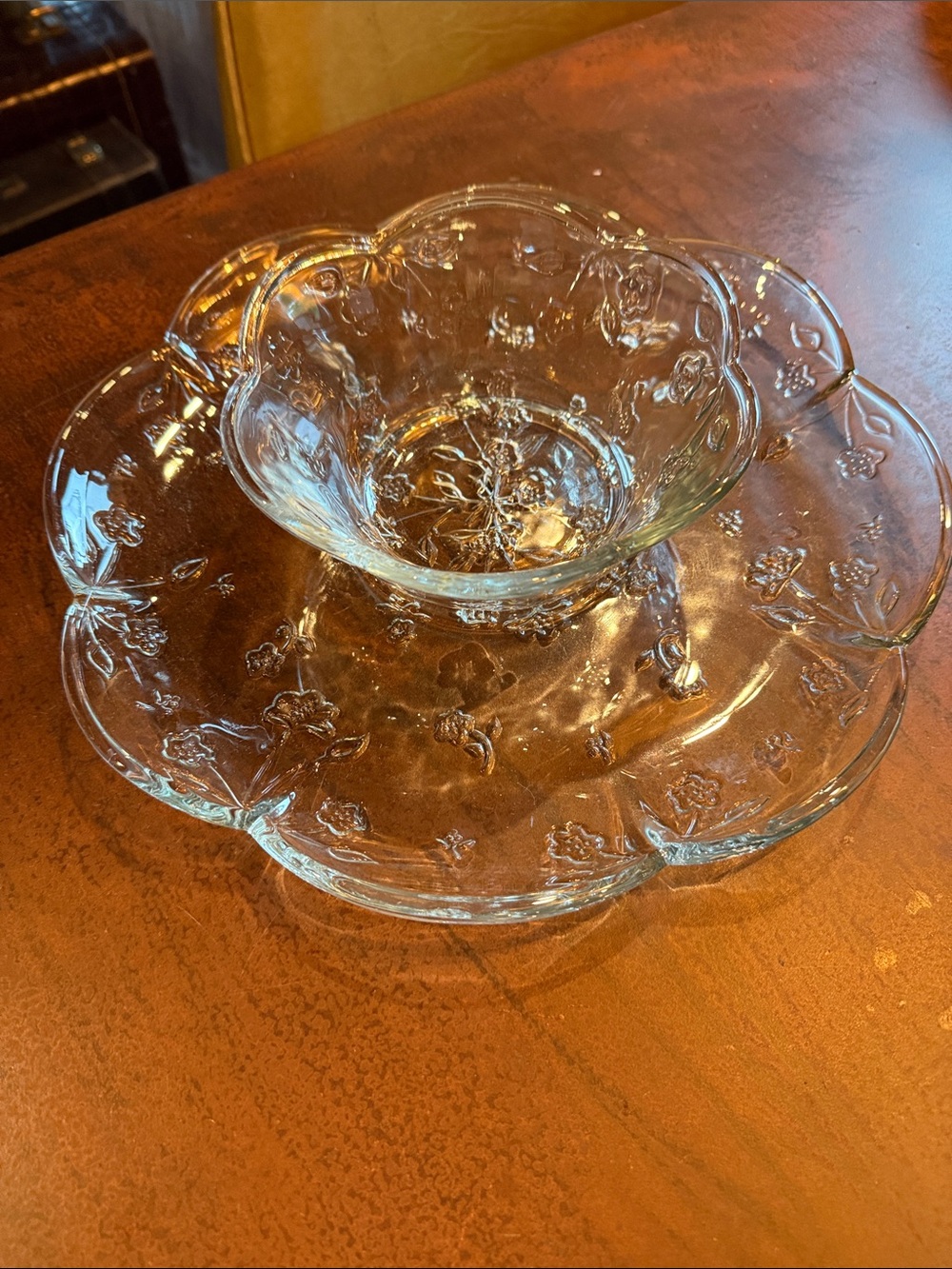 Vintage Clear Glass Floral Chip & Dip Serving Set